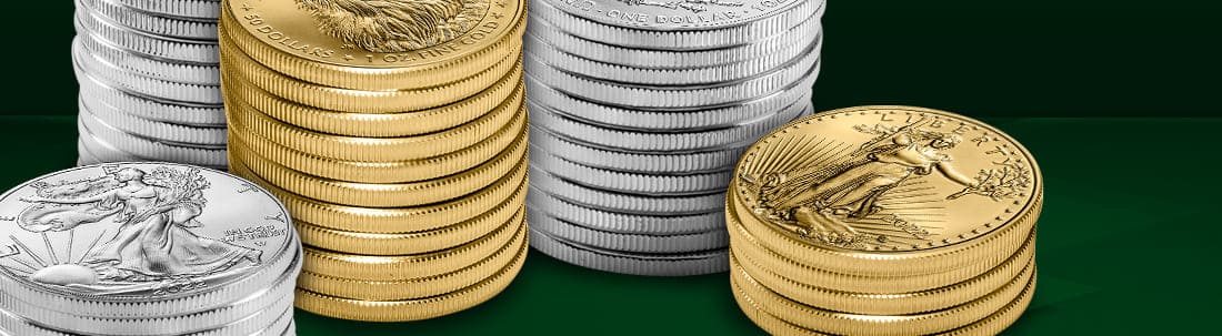 Stacks of Gold and Silver coins set against a green background.