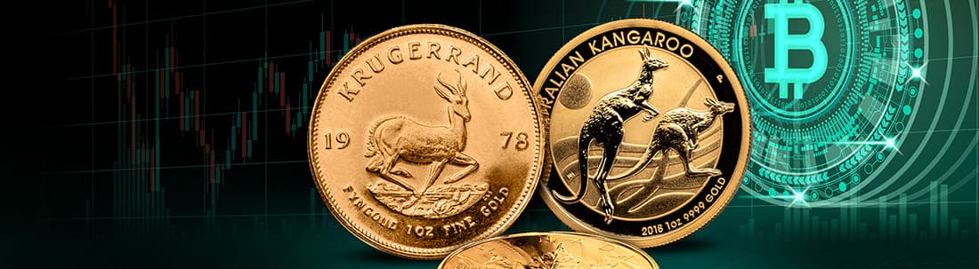 A Gold Krugerrand and Gold Australian Kangaroo set against a black background depicting the Bitcoin symbol in green.