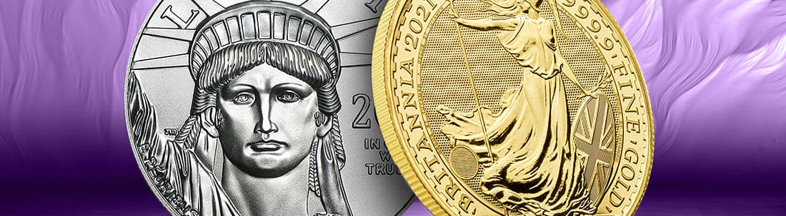 A Gold and Platinum coin in great condition against a purple background.