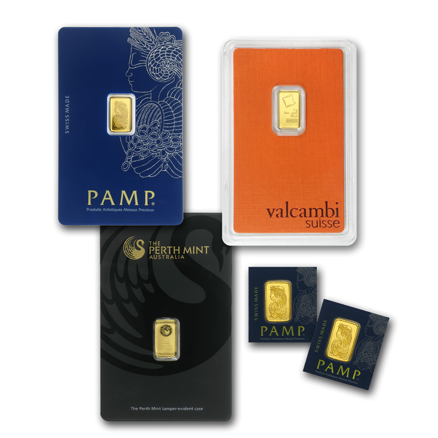 Gold bars in TEP from popular mints like PAMP Suisse, Valcambi Suisse, and The Perth Mint.