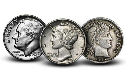 Three examples of 90% Junk Silver Dimes.
