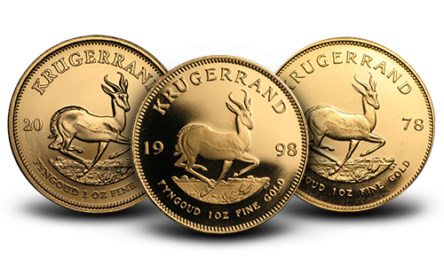 The obverses of three Gold Krugerrands.