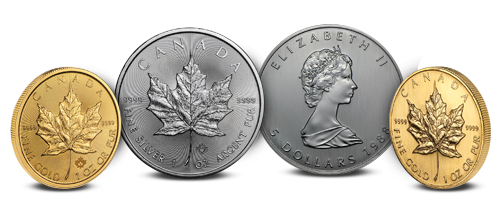 Two Silver and two Gold Canadian Maple Leafs, displaying both the obverse and reverse designs, in great condition.