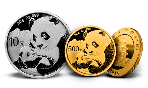 Three Chinese Panda coins, one Silver and two Gold coins. The Gold Panda coins display both the obverse and reverse design.