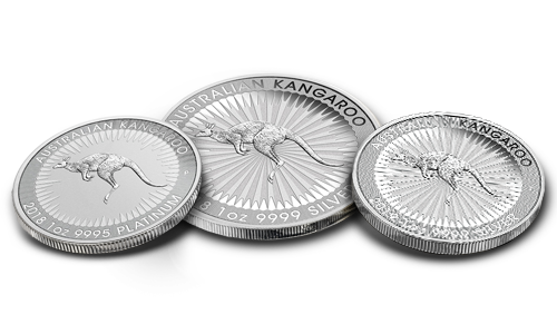 Three Australian Silver Kangaroos displaying the obverse of these near-perfect condition coins.