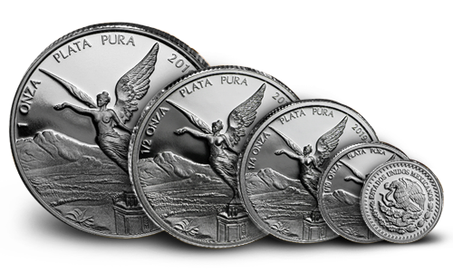 Five Silver Mexican Libertads, in various sizes, lined up to display the obverse and reverse clearly.