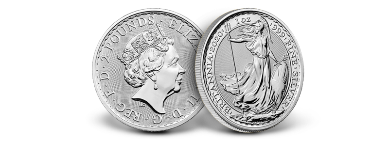 The obverse and reverse of a Silver British Britannia displaying the famous image of Britannia protecting the shoreline.