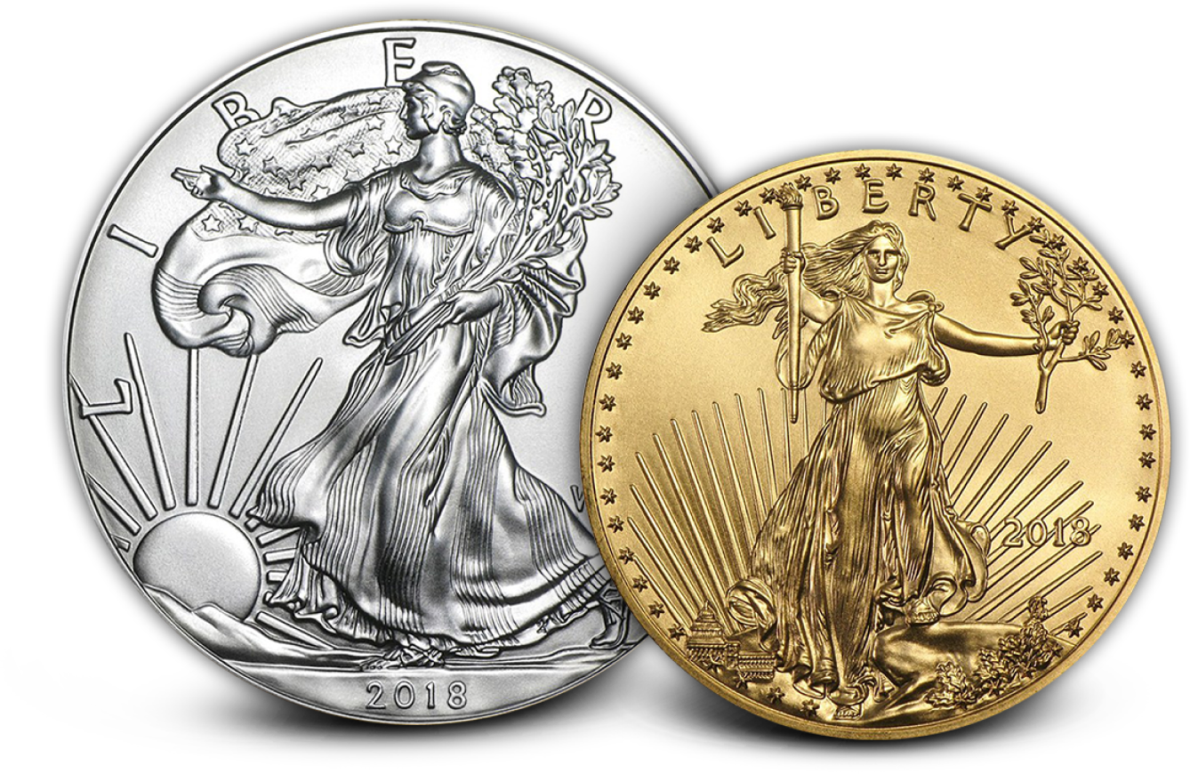 Two American Eagles featuring the obverse designs of the Gold and Silver coins.