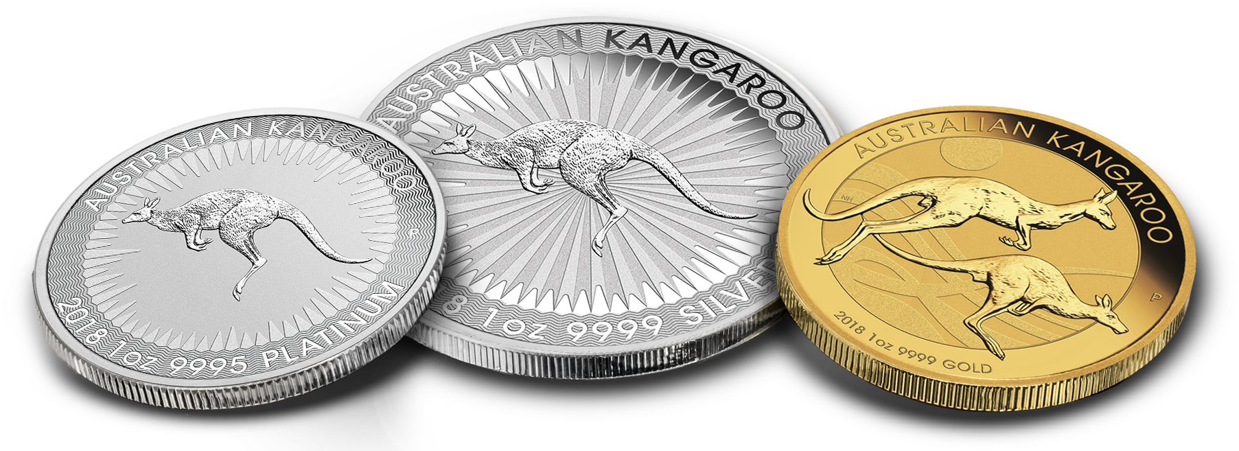 Three Australian Kangaroos, featuring two Silver coins and one Gold coin.
