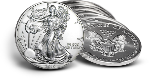 One standing Silver American Eagle displaying the obverse with a stack of Silver Eagle coins to display the reverse.