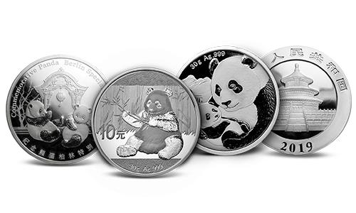 Four examples of Chinese Silver Pandas displaying the unique obverse designs featuring a different Giant Panda every year.