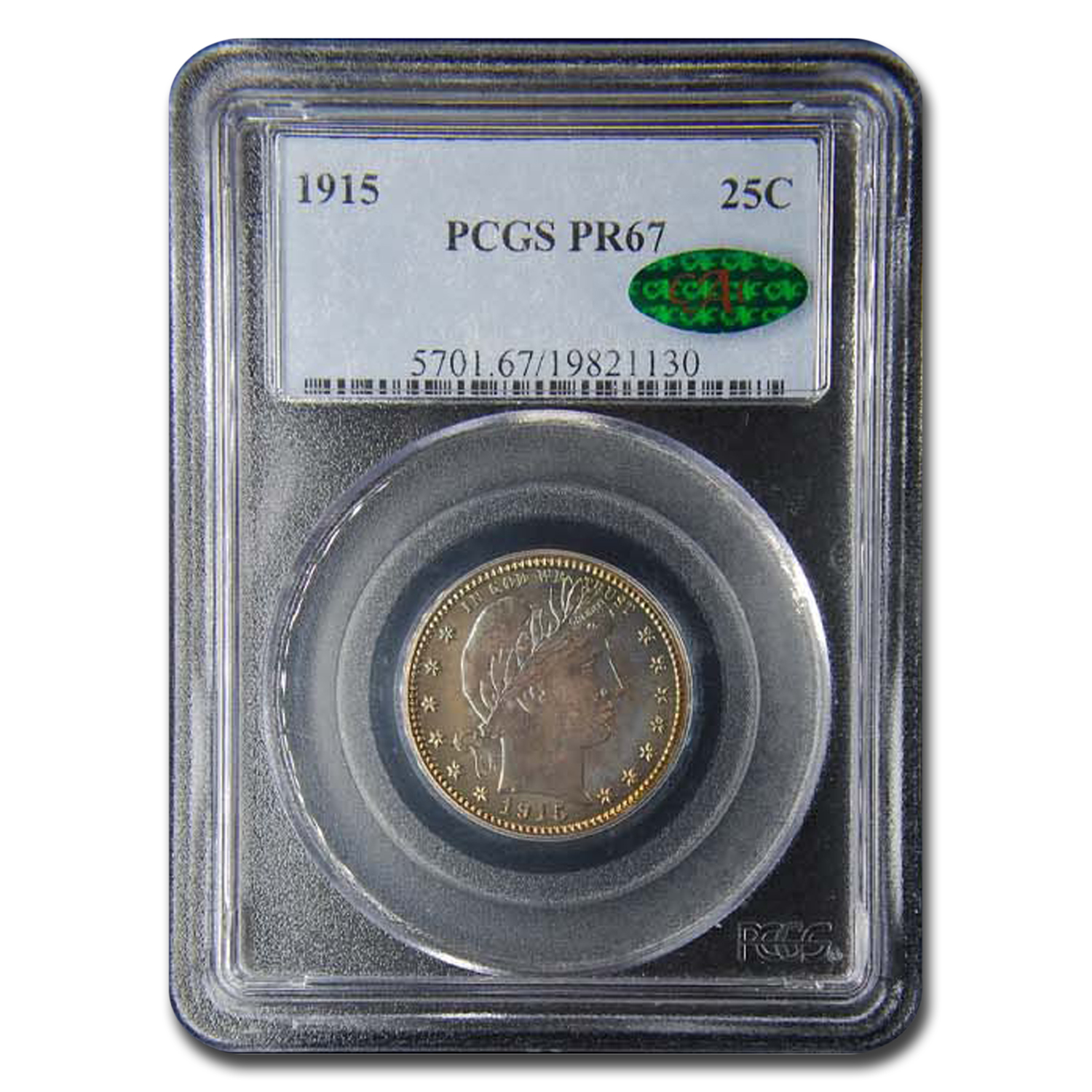 1915 Barber Quarter PR-67 PCGS CAC - Picture 1 of 3