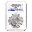 2015 Austria 1 oz Silver Philharmonic MS-69 NGC ER (Milk Spots)