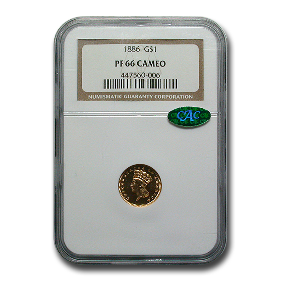 1886 $1 Indian Head Gold PF-66 Cameo NGC CAC - Foto 1 di 3
