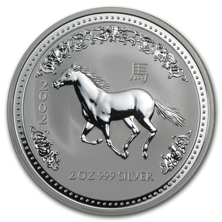 2002 Australia 2 oz Silver Year of the Horse BU Perth Mint Silver