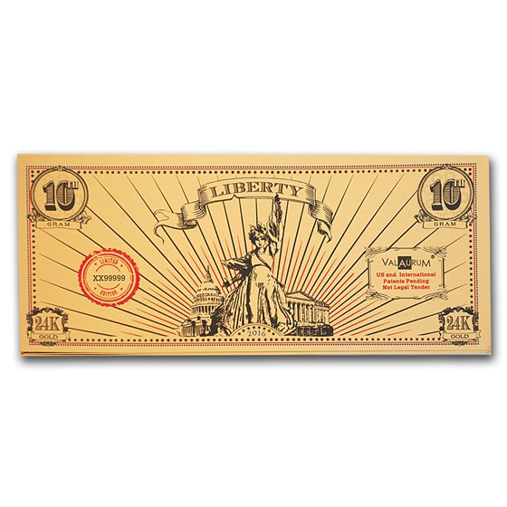 1/10 gram Gold Aurum Note - Lady Liberty Design (Random Year) 1/10 gram Gold Aurum Note - Lady Liberty Design (Random Year)
