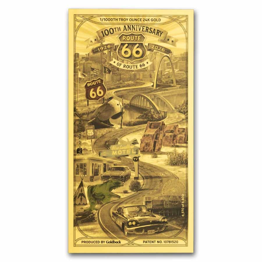 Buy 1/1000 oz Goldback 100th Ann Route 66 Gold Note | APMEX