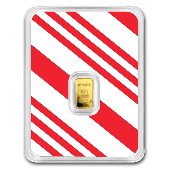 1/2 gram Gold Bar - APMEX (w/Candy Cane Stripes Card, In TEP) 1/2 gram Gold Bar - APMEX (w/Candy Cane Stripes Card, In TEP)