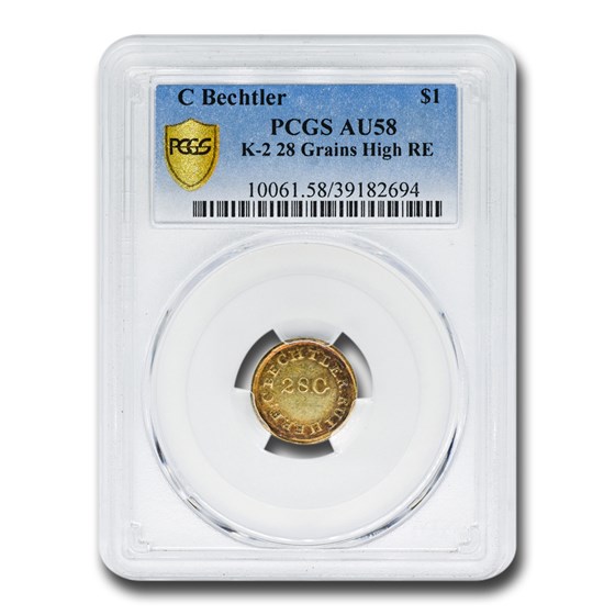$1 Carolina Gold A. Bechtler AU-58 PCGS (K-2 28 Grains 22 Carat) $1 Carolina Gold A. Bechtler AU-58 PCGS (K-2 28 Grains 22 Carat)