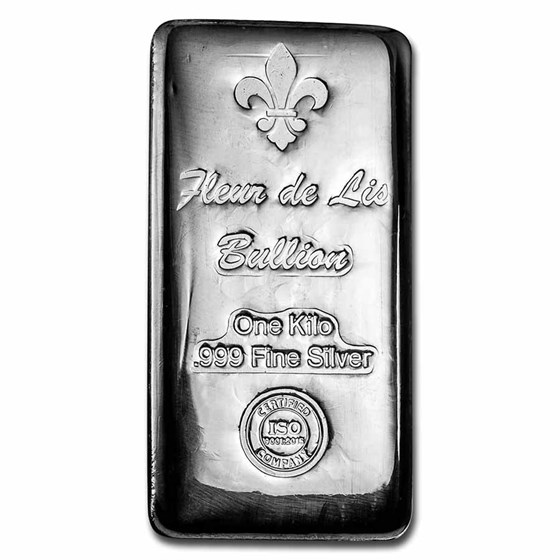 1 kilo Cast-Poured Silver Bar - Fleur de Lis Bullion 1 kilo Cast-Poured Silver Bar - Fleur de Lis Bullion
