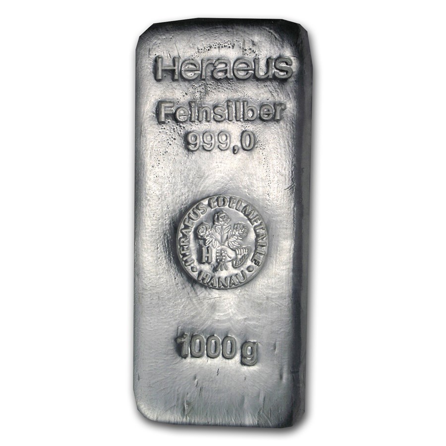 1 kilo Poured Silver Bar - Heraeus (Hanau, Germany, w/Flower)