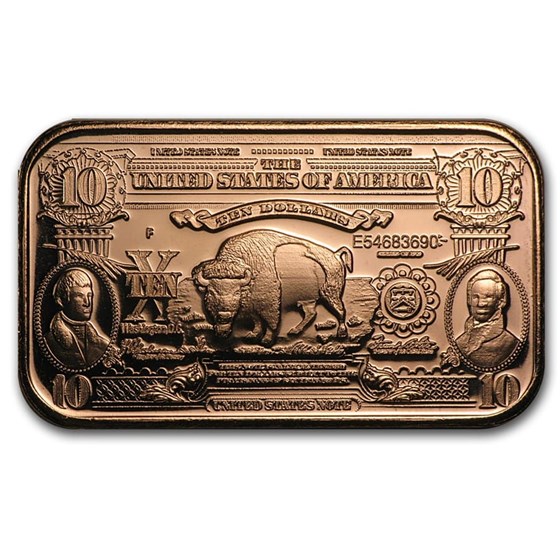1 oz Copper Bar - $10 Bison Banknote Replica