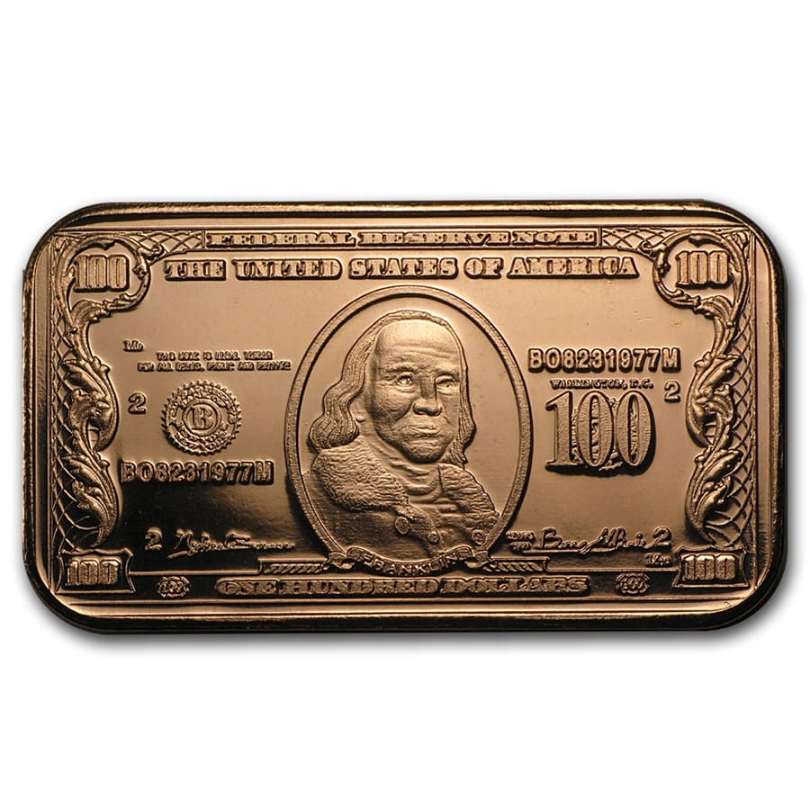 Benjamin Franklin $100 bill design in 10 copper bars by REEDERSONG 