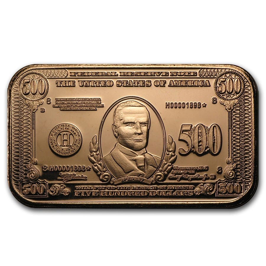 1 oz Copper Bar - $500 William McKinley Banknote Replica