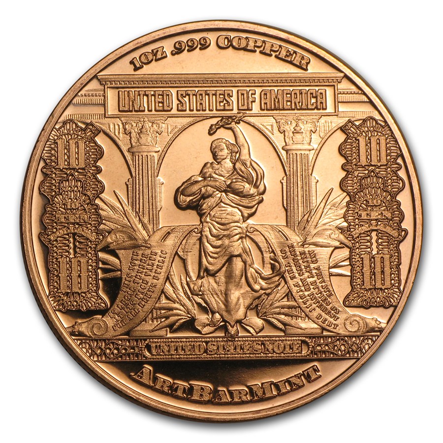 1 oz Copper Round - $10 Bison Banknote Replica