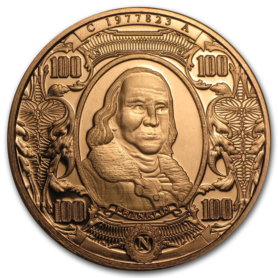 1 oz Copper Round - $100 Benjamin Franklin Banknote Replica