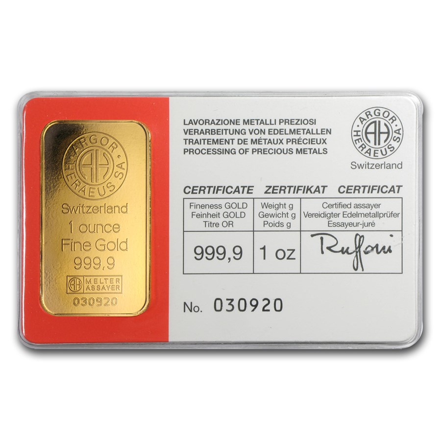 1 oz Gold Bar - Argor-Heraeus (Vintage, In Assay)