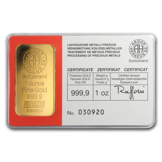 1 oz Gold Bar - Argor-Heraeus (Vintage, In Assay) 1 oz Gold Bar - Argor-Heraeus (Vintage, In Assay)