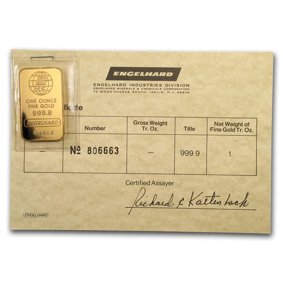 1 oz Gold Bar - Engelhard (w/Vintage Assay Certificate) 1 oz Gold Bar - Engelhard (w/Vintage Assay Certificate)