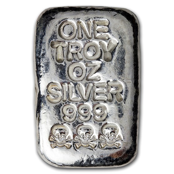 1 oz Hand Poured Silver Bar - Triple Stamped Skull & Bones 1 oz Hand Poured Silver Bar - Triple Stamped Skull & Bones