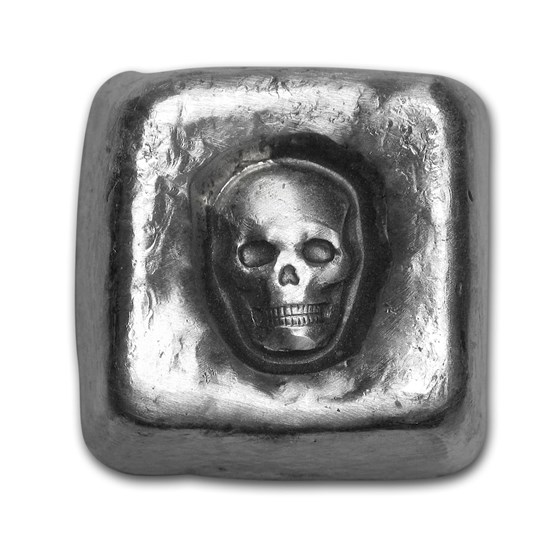 1 oz Hand Poured Silver Cube - Sunken Skull 1 oz Hand Poured Silver Cube - Sunken Skull