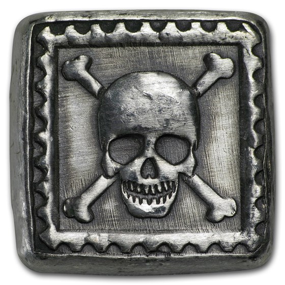 1 oz Hand Poured Silver Square - Skull & Bones Postage Stamp