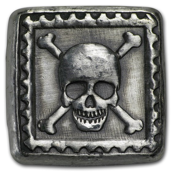 1 oz Hand Poured Silver Square - Skull & Bones Postage Stamp 1 oz Hand Poured Silver Square - Skull & Bones Postage Stamp