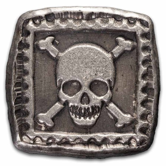 1 oz Hand Poured Silver Square - Skull & Bones Postage Stamp