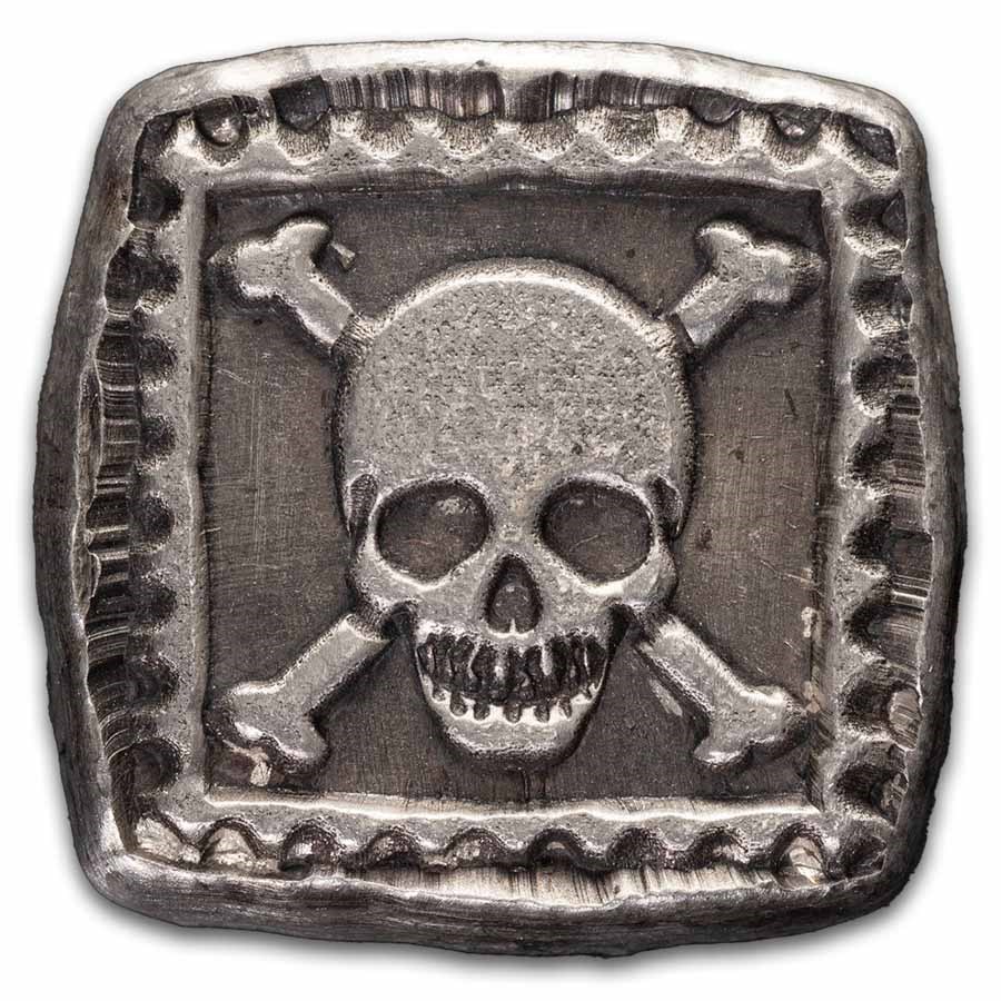 1 oz Hand Poured Silver Square - Skull & Bones Postage Stamp