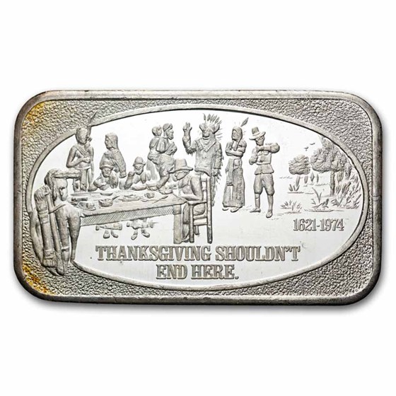 Thanksgiving Silver Rounds Buy 1974 1 oz Silver Thanksgiving Bar (US Silver Corp) | APMEX