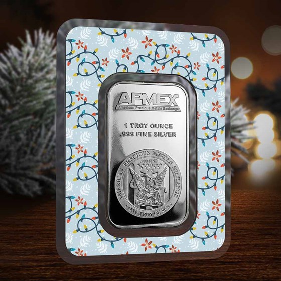 1 oz Silver Bar - APMEX (w/Festive Holiday Lights Card, In TEP)
