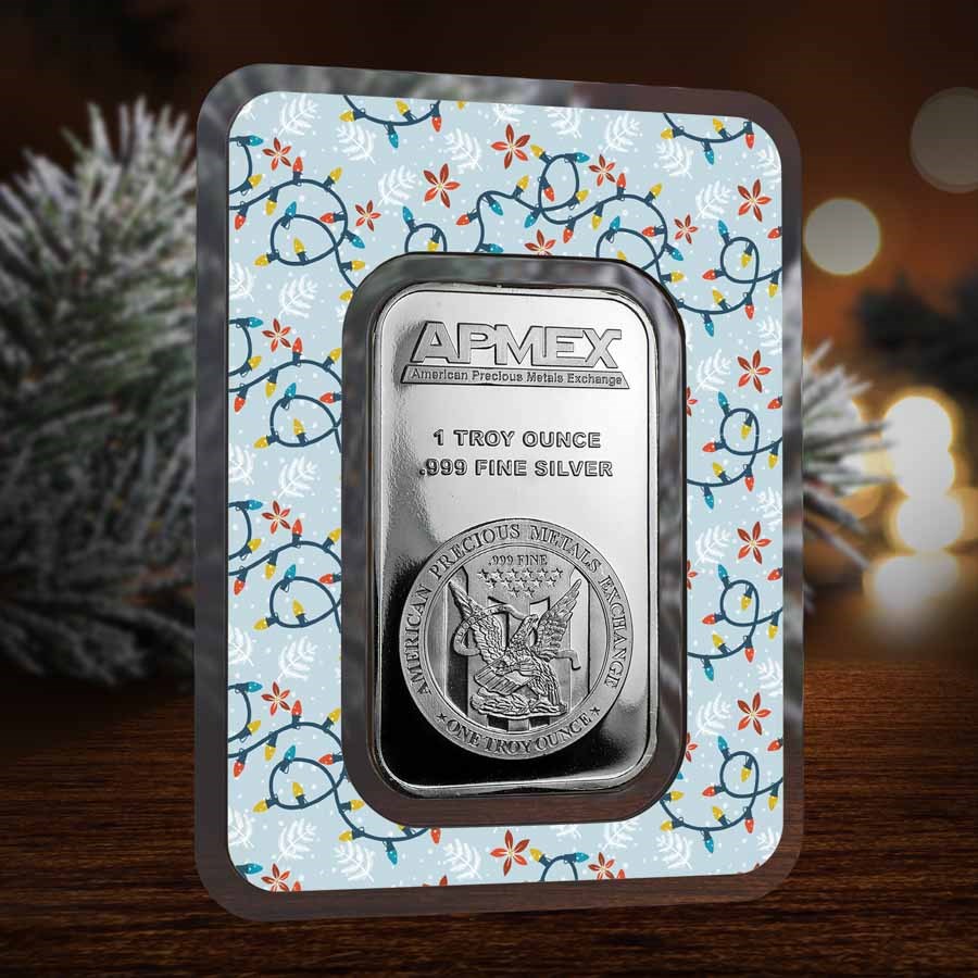 1 oz Silver Bar - APMEX (w/Festive Holiday Lights Card, In TEP)