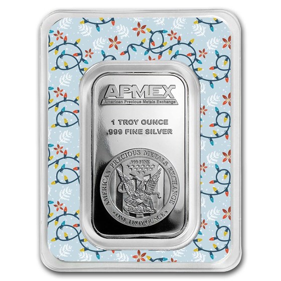 1 oz Silver Bar - APMEX (w/Festive Holiday Lights Card, In TEP) 1 oz Silver Bar - APMEX (w/Festive Holiday Lights Card, In TEP)