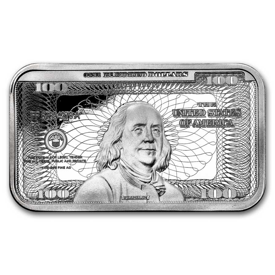 1 oz Silver Bar – Ben Franklin $100 Bill Design
