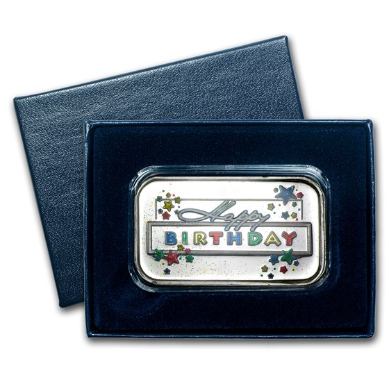 1 oz Silver Bar - Happy Birthday Star (Enameled, w/Box & Cap) 1 oz Silver Bar - Happy Birthday Star (Enameled, w/Box & Cap)