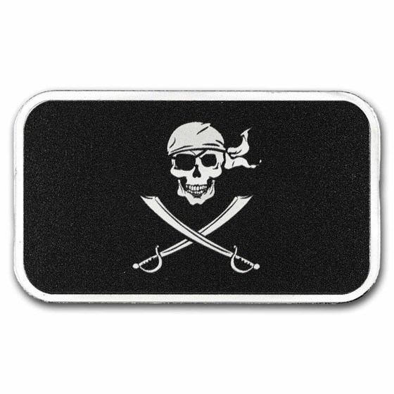 1 oz Silver Bar - Jolly Roger Pirate Flag (Colorized)