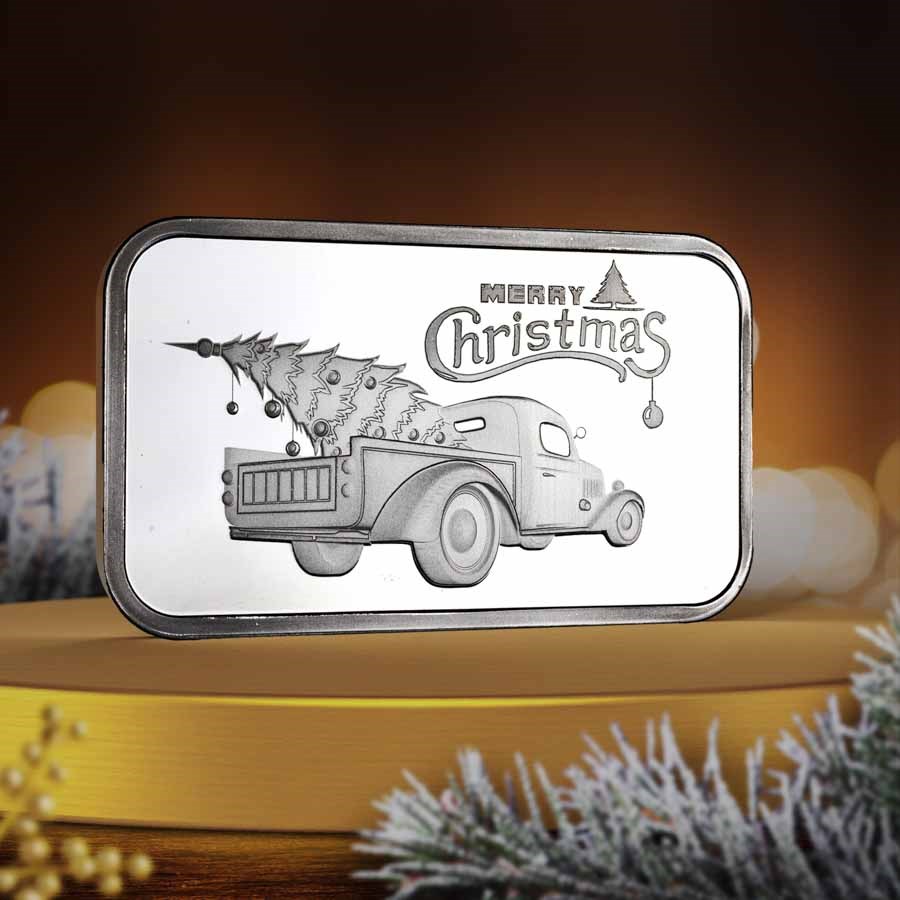 1 oz Silver Bar - Vintage Truck w/ Christmas Tree