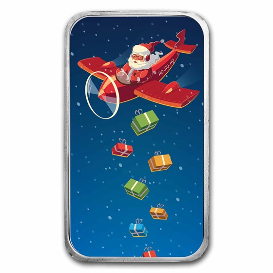 1 oz Silver Colorized Bar - Airplane Santa