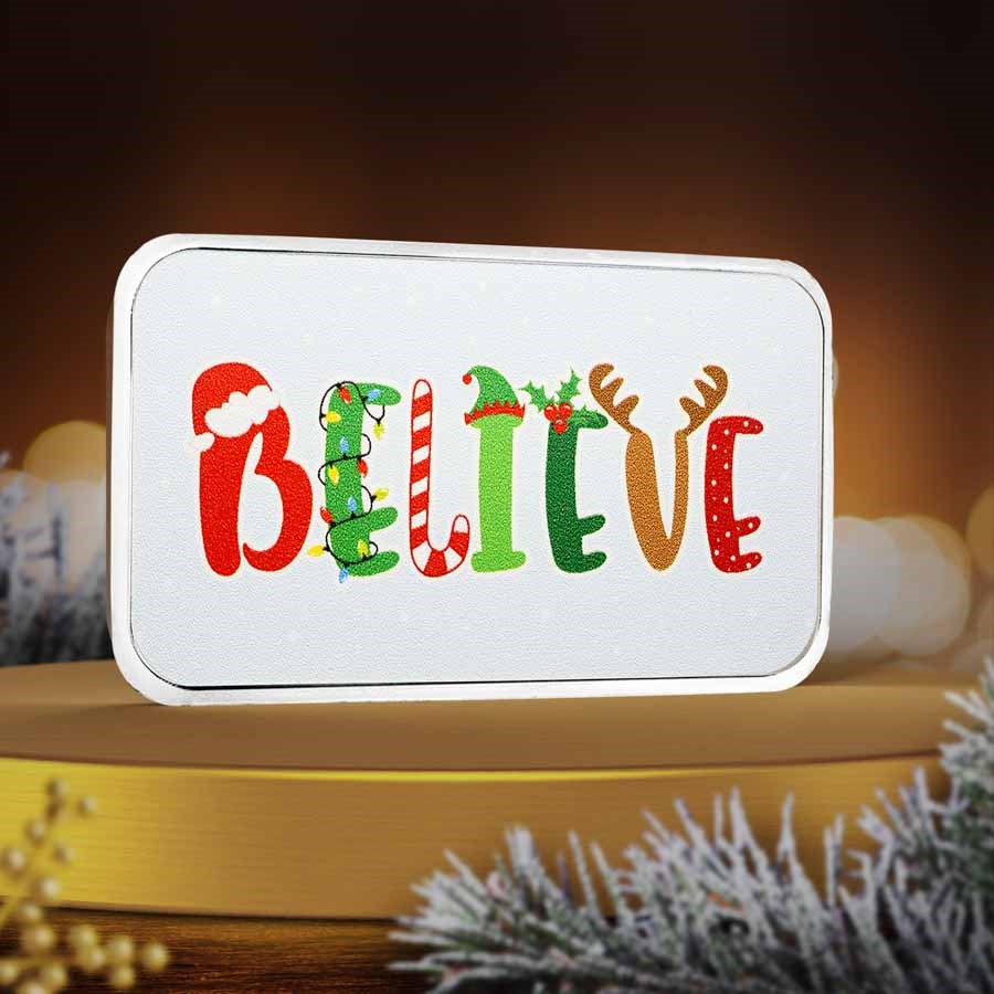 1 oz Silver Colorized Bar - Believe in the Magic of Christmas