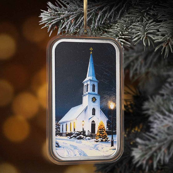 1 oz Silver Colorized Bar - Church Steeple at Night in the Snow